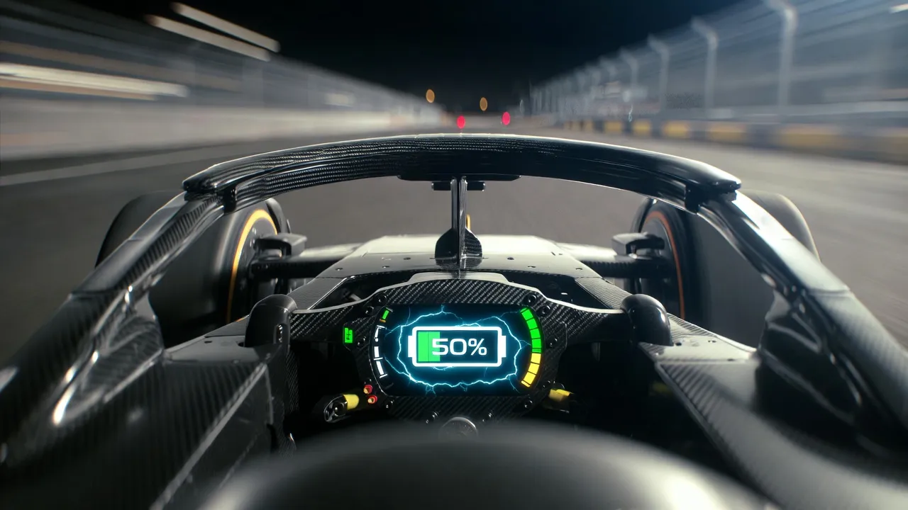 F1 2026 cockpit steering wheel with electric energy display showing 50/50 power split — PaddockIntel economic analysis