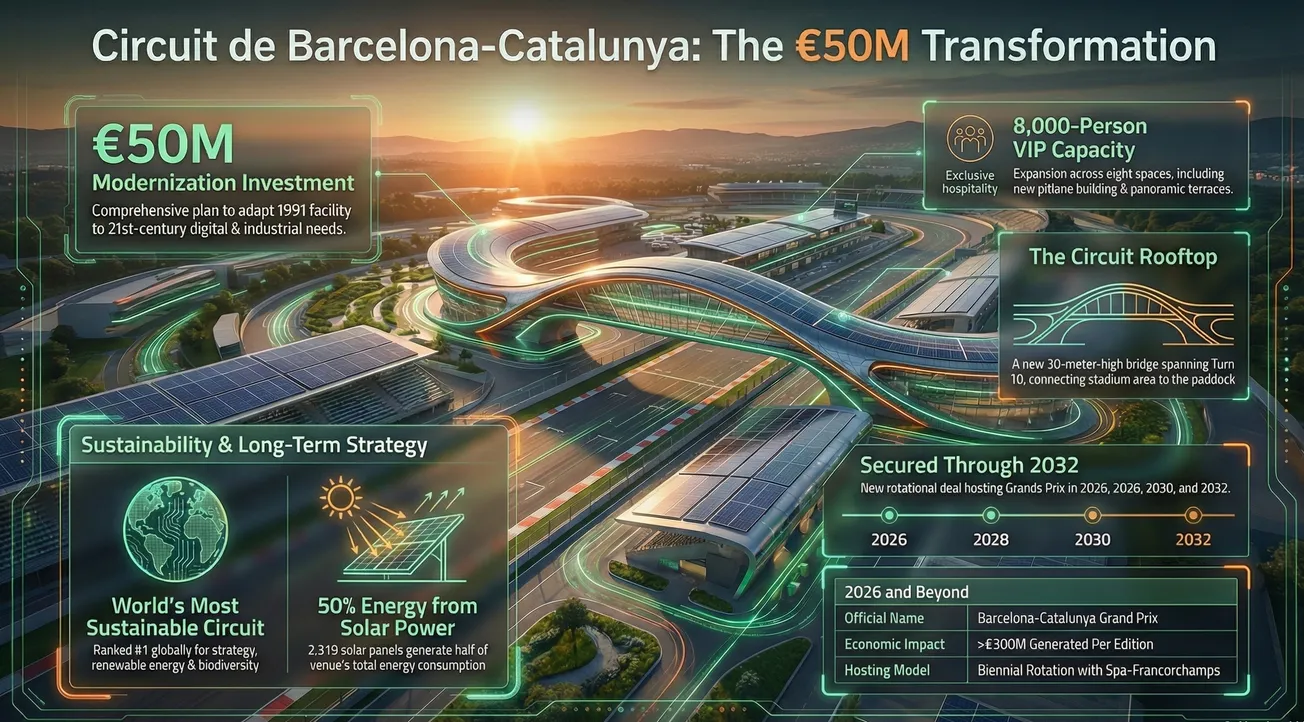 Architectural rendering of the new F1 Circuit Rooftop in Barcelona showing sustainability solar panels and infrastructure ROI.